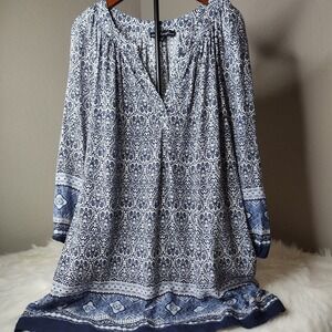 Ava Christine Tunic Blouse Womens 1X Blue White Paisley Damask Boho Split V-Neck